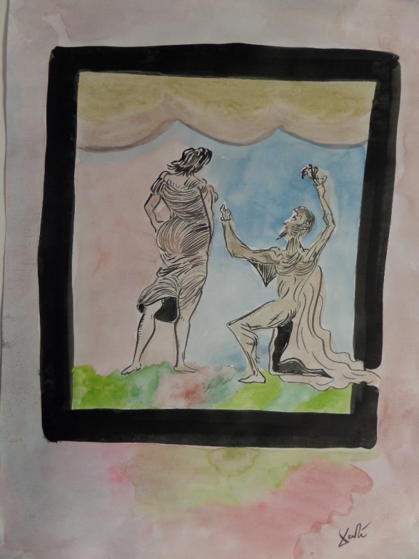 This piece is large and in EX++ shape.  It is done in light pastel watercolors with black background and comes signed "DALI" at the bottom right.  It shows a man wooing a woman on it.  Ideal for matting/framing and showing off and super-high retail value. NICE!!!