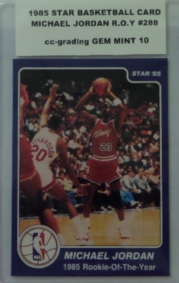 This Basketball card of Michael Jordan is #288 from the 1985 STAR set and is his Rookie of the Year card. Gorgeous card that is valued near $2500 in this condition, and a must for the Jordan collectors.