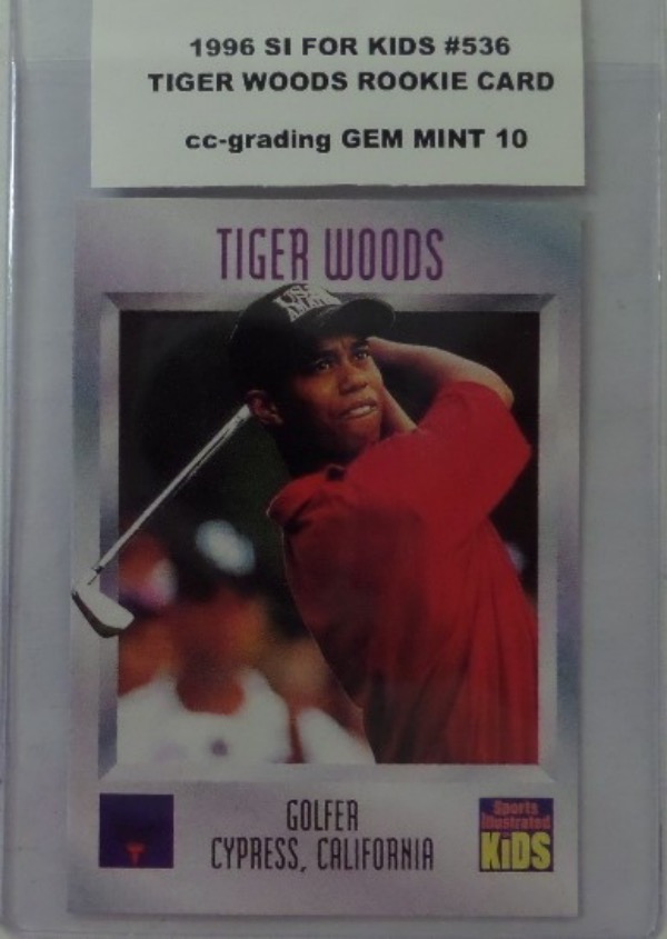 This ROOKIE card #536 of the Greatest Golfer EVER Tiger Woods is his 1996 SI for Kids card and comes graded by CC-GRADING at a Prefect GEM MINT 10.  These cards are hard to find in this condition and well valued in the HIGH Hundreds and climbing.