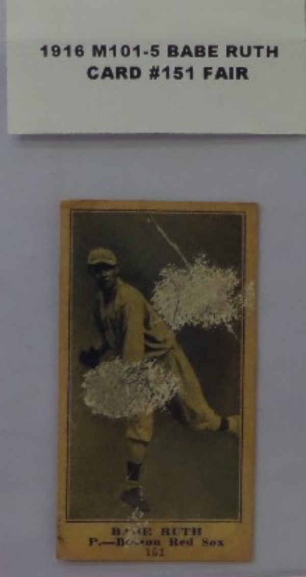 This 1916 M101-5 Baseball card of Babe Ruth has the Sporting News Back and is in FAIR Condition with some Creases and surface wear front and back. The card is still in great demand as any BABE RUTH card is and well valued in mid hundreds
