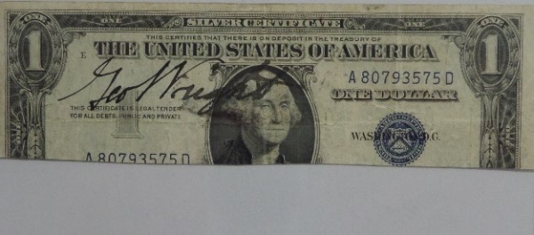 This odd, rare item is a silver certificate dollar bill cut, about 2x8 in size, and comes boldly black ink signed by the long deceased baseball HOF'er and pioneer. His autographs are truly rare and sought after, and this one is a gem..You can see it from 16 feet away, and value is ??