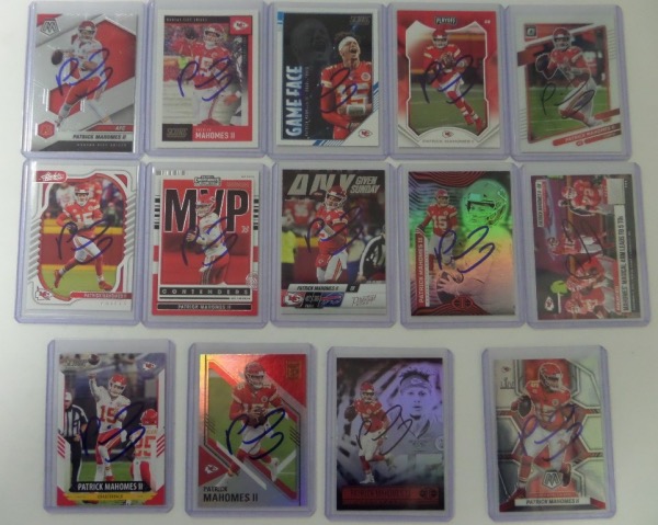 This group lot is a golden opportunity for the right dealer to multiply his/her investment.  We have FOURTEEN different Patrick Mahomes football cards, each in NM or better shape.  Each card here comes hand-signed by the Chiefs All Pro passer himself, and the lot in total can retail into the high hundreds!