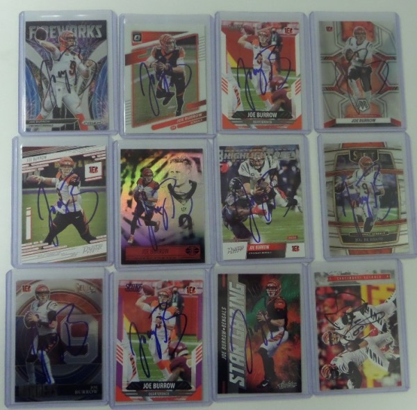 This attractive collection is a full dozen football cards of Joe Burrow with the Cincinnati Bengals--all different, and all in NM or better condition.  Each card is penned by the Bengals' All Pro passer and young superstar himself, and total retail value here is low thousands!