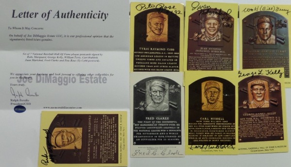 This fantastic chance is SEVEN different HOF plaque postcards, each hand-signed by a different all time great.  Included are Pete Rose, Fred Clarke, Juan Marichal, Carl Hubbell, Bill Terry, George Kelly and Rube Marquard, and a full LOA is issued from the Joe DiMaggio Estate for authenticity.  With only 2 still living, this lot is valued into the low thousands!