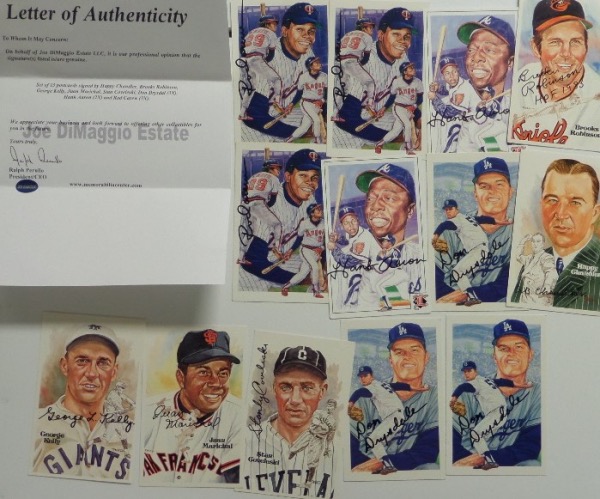 This high value group lot is THIRTEEN colorful art postcards, each hand-signed by the star player depicted.  Included are (3) Rod Carew, (2) Hank Aaron, (3) Don Drysdale, Stan Coveleski, Juan Marichal, George Kelly, Brooks Robinson and Happy Chandler, and the lot is Joe DiMaggio Estate certified for authenticity.  Valued well into the low thousands!