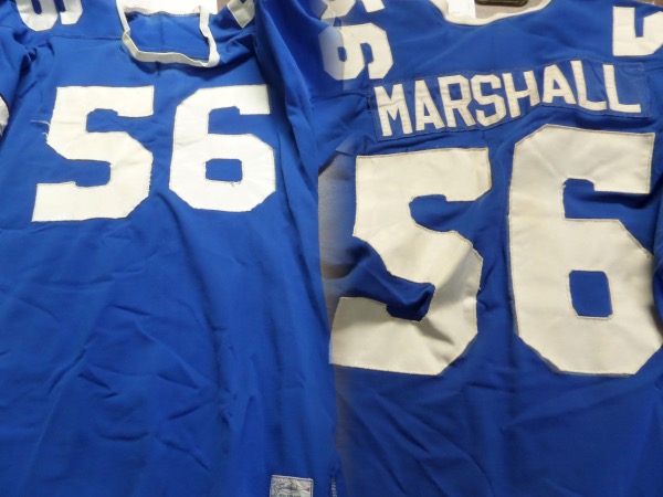 This vintage dureen styled jersey is from 1979, a road blue, and worn by #56 "Marshall". It is a large Southland Athletics tagged piece, dubbed the "unlucky" jerseys by the fans, and never worn again. Rare NFL chance, and just look at the opening bid.