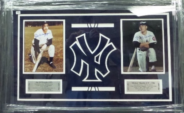 This 21x32 professionally-framed and double-matted display is MINT and ready for display.  It also features custom-engraved nameplates, a beautiful NY logo etched into the matting, and a black and two full color photos, each hand-signed by a Yankees all time great.  With both NYY HOF greats long gone, retail is low thousands!