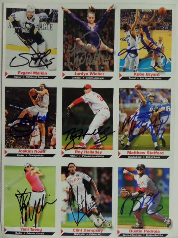 This sheet of NINE uncut trading cards from Sports Illustrated is still in NM/MT condition, with each of the nine cards hand-signed by the star performer depicted.  Included are Roy Halladay (dec), Evgeni Malkin, Joakim Noah, Jordyn Wieber, Matt Stafford, Clint Dempsey, Yani Tseng, Dustin Pedroia, and, wait for it ... KOBE BRYANT!  A seriously unique collector's item here, one that can be framed for posterity, or broken up for retail, but either way, it's worth it!