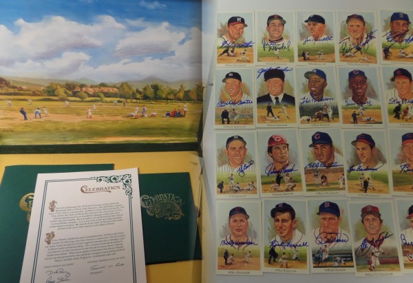 This complete set of 1989 Perez Steele postcards are still NM/MT in their beautiful original presentation box.  Included are FORTY-ONE cards that are hand signed by the HOF'ers represented, with marquee names like Aaron, Mantle, Marichal, Banks, Berra, Musial, Bench, Yaz, Brooks, Spahn, Gehringer, Bell, Hunter, Leonard, McCovey, Stargell, and more.  AWESOME HOF lot here, with almost all now deceased, and retail potential is staggering!