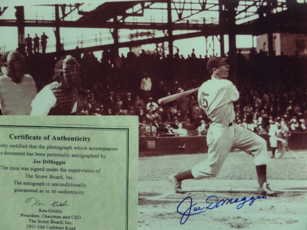 This 1991 sold piece is a 1940's image, done in sepia tone at 8x10 in size, and shows the "Yankee Clipper" in mid-swing. It is a gem, comes perfectly blue sharpie signed on a great spot by DiMag, and shows off well from 18 feet away. It is both Lee approved, and comes with the original Scoreboard COA.