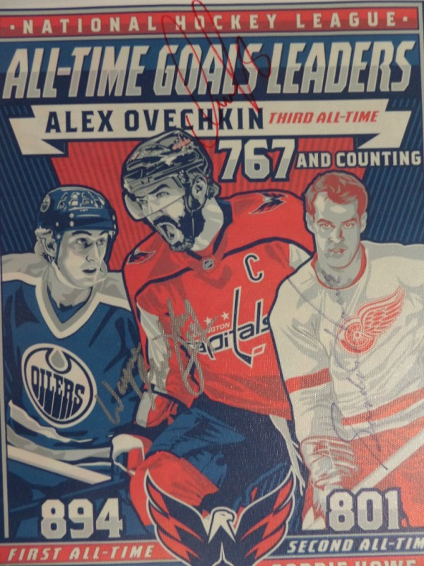 This real canvas work is a gem, shows Alex Ovechkin, Gordie Howe and Wayne Gretzky,, and comes boldly signed by all 3 on terrific spots. It grades a clean bold 9 all over, measures a whopping 20x24 in size, and value is over a three grand for sure. 