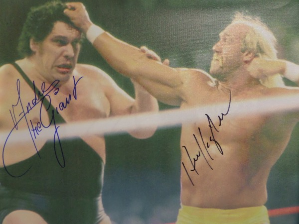 This real canvas work is a gem, shows Andre and Hulk from Wrestlemania, and comes boldly signed by both on terrific spots. It grades a clean bold 10 all over, measures a whopping 20x24 in size, and value is over three grand for sure. Incredibly rare sports item, and with the Giant here, good enough to put your kids through college. 