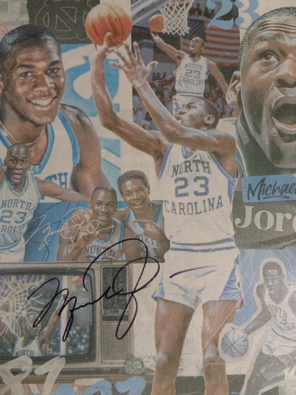 This well done pro giclee is real canvas, about 20x24 in size, and very colorful. It shows the NBA HOF star in action, in a few Tar Heel poses, comes hand signed in large, bold black marker, and grades a clean bold 10 all over the place. It is a must frame, value is sky high on this high quality artwork, and it is a great show off piece, suitable for any collection. Simply he best ever! 