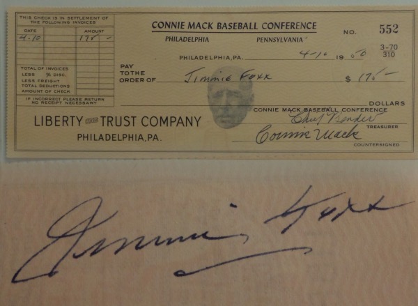 This Connie Mack Baseball Conference, Philadelphia Pennsylvania full check from the Liberty Trust Company is made out to Jimmie Foxx for $175.00, and is signed in blue at the bottom by both Connie Mack and Chief Bender.  On the back, it is endorsed by Foxx himself--please see our attached photo-and with all three men gone a half century or longer, retail is well into the thousands!