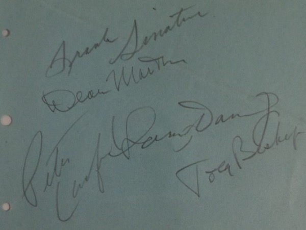 This very old cut of blue paper is still in EX/MT shape overall, measuring about 4.5x5.5, with rounded edges on the right, and comes hand-signed in pencil by all five main Rat Pack honorees.  Included are Frank Sinatra, Dean Martin, Sammy Davis Jr, Peter Lawford and Joey Bishop, with all signatures grading clean 7's or better, and with all five men now deceased, this piece is valued into the very high hundreds, and absolutely perfect for matting and framing with the photo of your choice!
