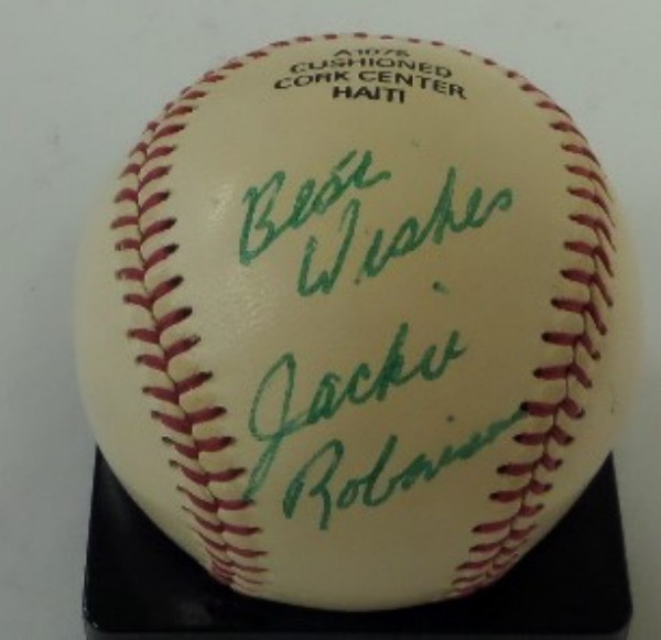 This Official Pony League Baseball from  Wilson is still in EX overall condition, and comes side panel-signed by one of the key figures in baseball history, HOF pioneer, Jackie Robinson.  The signature is in green, grading a strong 8 overall, with Best Wishes added, and with Jackie no longer with us for about a half century, retail is well into the low thousands!