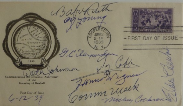 This AWESOME and historic MLB item is an original First Day of Issue Baseball Centennial cachet, stamped from June 12, 1939, and in fabulous condition.  It is had-signed in blue ink by no less than 9 legends of the game, including Cobb, Mack, Alexander, Ruth, Collins, Johnson, Wagner, Young and Cochrane, and it is valued well into the significant thousands!