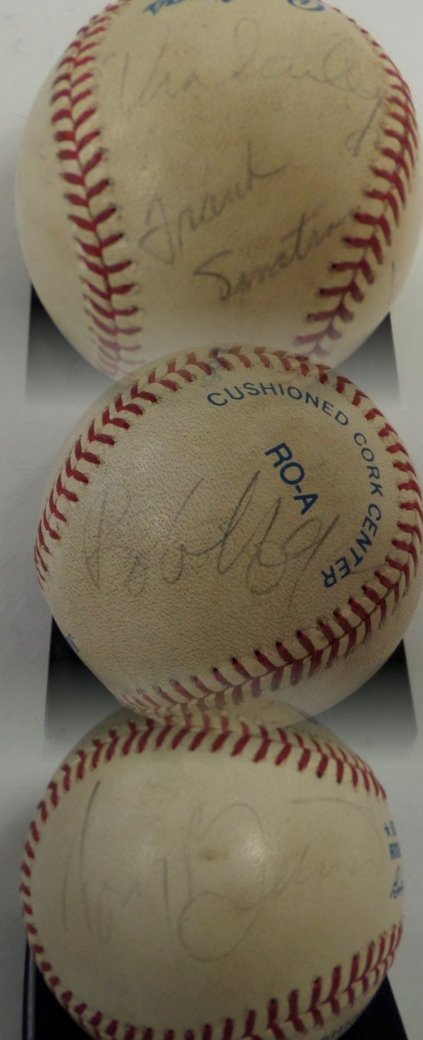 This Official American League Baseball from Rawlings is in VG+ condition overall, and it comes hand-signed all over by FOUR of the most iconic VOICES of the 20th Century.  Included are Rat Pack "Chairman," Frank Sinatra, Dodgers HOF announcer Vin Scully, Academy Award perennial host, Bob Hope, and longtime crooner, Tony Bennett.  These black ink signatures are light but legible, grading 4's-5's, and you simply will NOT find another ball with these four names on it!
