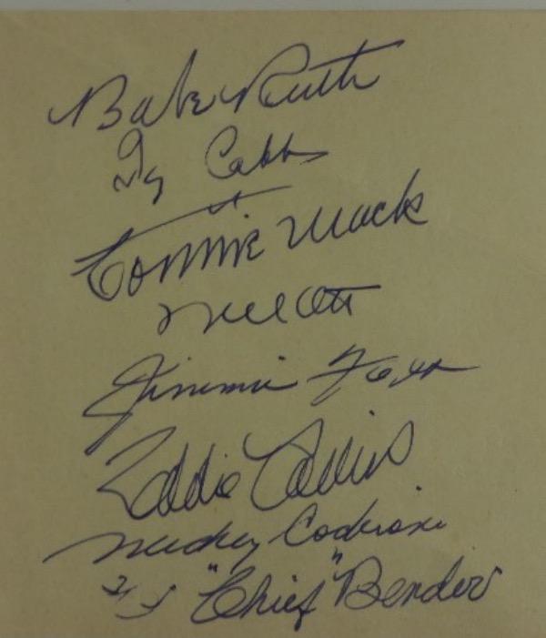 This full 4x5 autograph album page is still in EX+ condition, and comes hand-signed in blue by no less than 8 all time greats of the game.  Included are Ruth, Cobb, Mack, Ott, Foxx, Collins, Cochrane and Bender, and with all 8 men long-deceased, this unique collector's piece is valued well into the thousands!