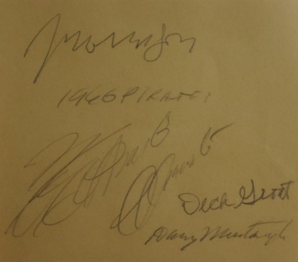 This approximately 4.5x5.25 autograph album page is still in EX condition overall, and comes pencil-signed by four key members of the World Champion 1960 Pirates.  Included are that season's MVP, Dick Groat, Manager Danny Murtaugh, HOF great Roberto Clemente and one other at the top--we do not know, maybe you do?  A fabulous Pirates item, with the MVP, skipper and superstar all included, and retail is high hundreds!