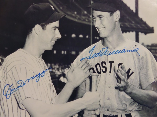 This jumbo sized 11x14 B&W image is circa 1941 or so, and shows a rare image of two AL rivals having fun. It comes boldly blue sharpie signed by both Ted and Joe, grades a clean bold 9 all over, and has some edge dings that would never be seen once framed. Lee approved, and value is upper hundreds in the super-size. 