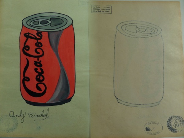 This approx. 9"x12"  artwork is done in the hand of Andy Warhol and shows a Coke can on it in watecolors!  It is quickly done as if a prep work piece and comes signed SUPERBLY on the bottom by Andy and on the reverse it has the Andy Warhol Estate stamp, his Foundation stamp, and a stamp from the Art Gallery of New York!! Wow. Perfect for framing. Fantastic item with low opening bid