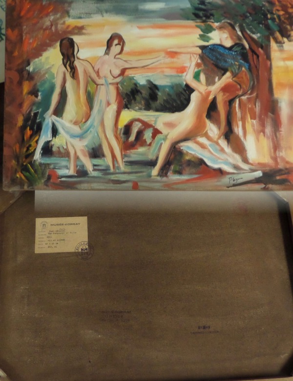 This 1875 work is all original, loaded with color, and titled "Bathers". It is 16x24 in size, a stretched oil work on canvas, and has the Musee d Orsay date and gallery name remaining on the back for provenance. Value is many times our asking price, and investment is almost too easy. 