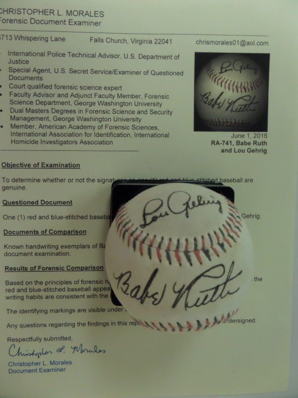 This vintage blue and red laced baseball is otherwise unlabeled and unmarked.  It is in VG+ condition overall, and comes hand signed in black by the great Babe Ruth on the sweet spot and on the top panel by his HOF teammate, the one and only "Iron Horse", Lou Gehrig.  These signatures grade about as strongly as the baseball, and both come fully certified by court-qualified forensics expert, Chris Morales!  Awesome MLB collector's item, valued well, WELL into the thousands!