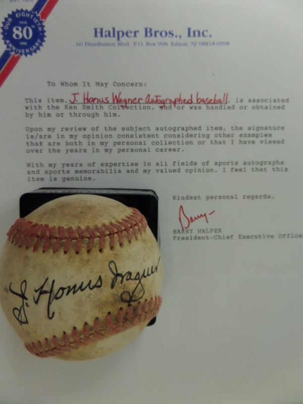 This vintage, red-laced baseball shows age, is in F overall condition, and comes black ink-signed across the sweet spot by inaugural 1936 HOF Inductee, Honus Wagner.  The signature, reading J. .Honus Wagner, grades a legible 7, and the ball includes a full LOA from Halper Bros., Inc.  Valued well into the thousands!
