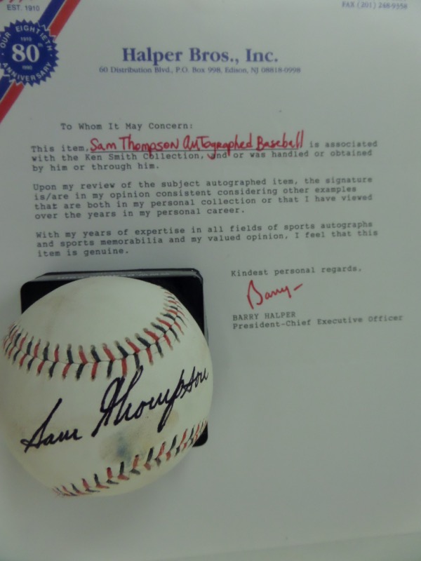 This vintage red and blue-laced ball is in VG condition, and comes hand-signed in black on the sweet spot by 19th Century Phillies HOF outfielder, Sam Thompson.  The ball is well-kept, the signature grades a legible 7.5, and the ball is fully certified by Halper Bros., Inc. along with longtime collector Ken Smith for authenticity purposes.  Valued well into the thousands!
