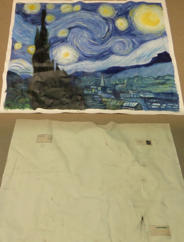 This huge real canvas work was displayed in at least 4 galleries judging by the remaining stamps on the back, and measures about 3x4 FEET in size. it has lot of blue in it, some yellow, and is titled "La Noche Estrellada". Amazing chance, and value is many times our asking price. 