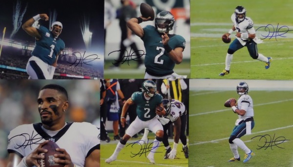 This MUST HAVE Eagles group lot is SIX different full color 8x10 photos of Jalen Hurts in action with the Birds.  Each is penned in black or blue sharpie by the All Pro QB and MVP candidate himself, and the total retail value of the four photos together is mid/high hundreds.  Well, in Philly, it's a lot higher!