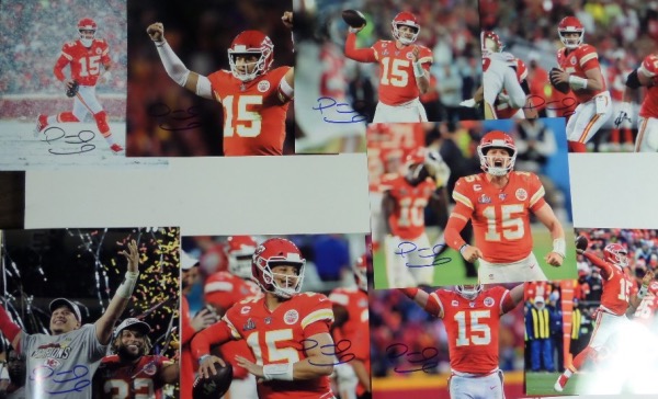 This high value grouping is TEN different full color 8x10 photos of Patrick Mahomes with the Kansas City Chiefs.  Each photo is personally-penned by the MVP, Super Bowl Champ and All Pro passer himself, and the total retail value of such a large lot is well into the thousands!