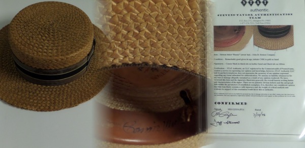 This awesome Stetson Select "Boater" straw hat is obviously very old, but still in EX or better shape overall.  This one is hand-signed on the outer ribbon AND on the inner leather band as well by the longtime A's manager/owner and 1937 HOF inductee.  Amazing piece, fully certified by Ted Taylor and Jeff Stevens at STAT Authentic, and retail is WELL into the thousands!