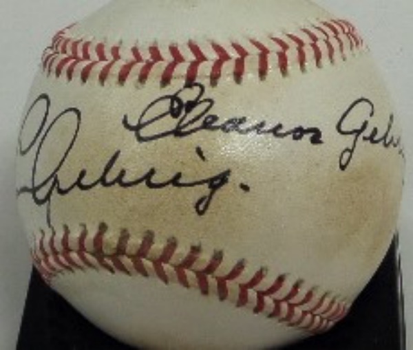 This never before-seen item is a very old, red-laced Official American League baseball, hand-signed on the sweet spot by Yankees HOF great, Lou Gehrig, but also on the right panel by his wife, Eleanor.  Must have been done at a restaurant or some other venue well back in the day, and retail is thousands!
