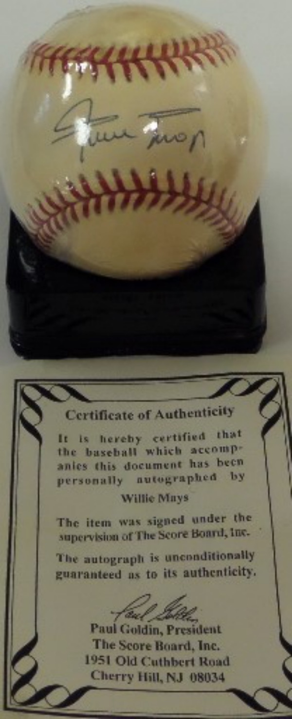 This Official National League Baseball from Rawlings (White, Pres) is still in VG/VG+ shape, with significant toning evident.  This one is blue ink-signed right against the sweet spot by all time great and HOF Giants outfielder Willie Mays.  The signature grades a legible 8, and the ball includes a Score Board COA for absolute authenticity.  Valued well into the hundreds!