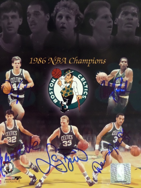 This full color 8x10 photo print shows all five starters from the '86 NBA Champion Boston Celtics, and comes autographed in blue sharpie by all five, four of whom are enshrined in the Naismith Basketball Hall Of Fame.  Included are Danny Ainge, Robert Parish, Dennis Johnson (dec), Kevin McHale and Larry Bird, and the print will frame and display beautifully for any Boston Celtics collection.  Valued well into the hundreds!  Remember, this is a top 10, and maybe even a top 5 all time team!!!