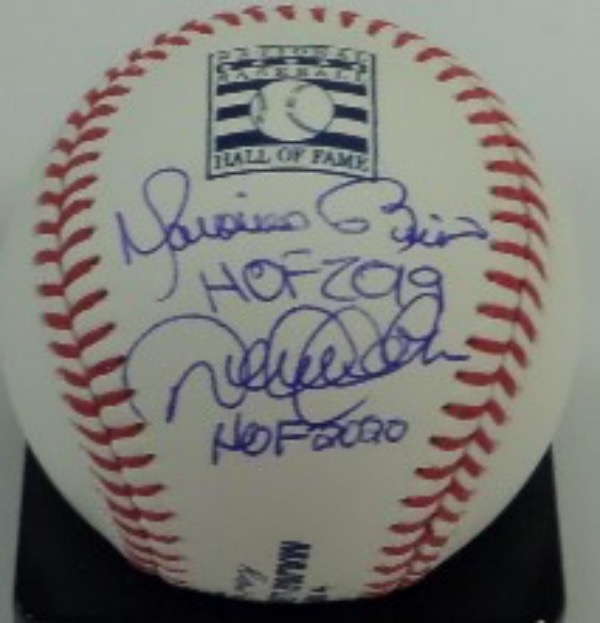 This National Baseball Hall of Fame logo Official Major League Baseball from Rawlings is cubed in NM/MT condition, and comes side panel-signed right under said logo by the two latest NY Yankees HOF'ers.  Included are Mariano Rivera and Derek Jeter, both on the same panel, both grading 8.5's or better, and each including his HOF year as an inscription.  AWESOME NYY ball, the first we've had, and retail is high hundreds!