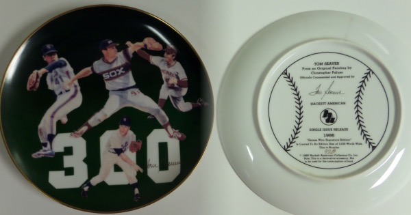 This 10" diameter collector's plate is from the highly-reputable Hackett corporation, and is from 1986, a limited edition 92/1200.  It features four different colorful images of three time Cy winner Tom Seaver, with the NY Mets, Cincinnati Reds, and Chicago White Sox, and is hand-signed in GOLD to boot!  Authenticity is guaranteed by Hackett, which is pretty much bullet-proof, and since his death, retail has literally tripled!