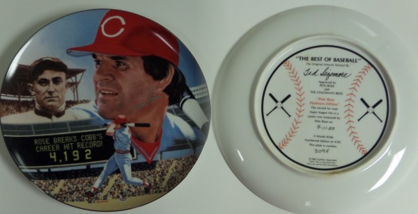 This 10.5" diameter collector's plate is numbered 3095 from a limited edition of 4192, and is boxed in NM condition.  It features images of both Pete Rose and Ty Cobb, and is silver paint pen-signed by Rose himself, and guaranteed authentic by Gartlan, which is pretty much bullet-proof!  Ready for display, and valued well into the hundreds!