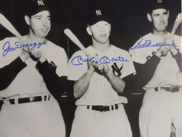 This well seen 1951 image is 8x10 in size, B&W in nature, and shows Ted, Mickey and Joe posing, and in full uniforms. It comes one color, boldly blue sharpie signed by everyone, grades a clean bold 9 or better all over, and has Lee's added approval for assurance. Solid buy and hold investment, and value is upwards of a grand with all 3 now long deceased.  