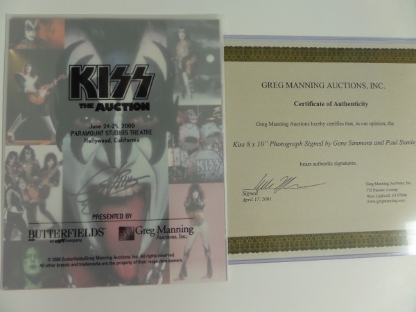 This $1500 lot is 4 color 8x10 photos of the original Kiss members, and TWO of them come hand signed from an IN PERSON, Greg Manning 2000 auction and signing. Theye were done and held in 2000 at Paramount Studios in Hollywood in connection with the Kiss-Auction. Great chance, Gene and Paul signed pics, and value is sky high on the rock n' roll HOF pair.