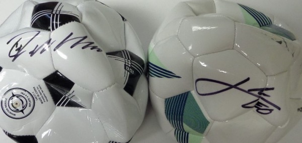 This high value international lot is TWO signed soccer balls for one bid, and each is a Baden model signed in bold black marker by either Ronaldo or Lionel Messi. Great chance, sold here with NO reserve, and the balls have some markings, but the autographs are terrific themselves. 