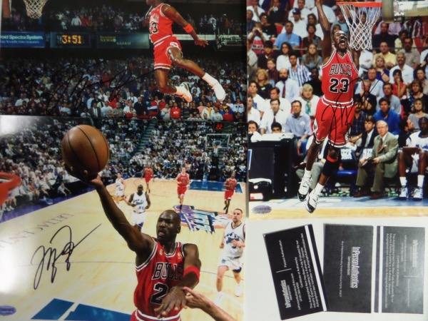 This easy buy investment lot is THREE signed Jordan color 8x10's for one money, and all show him in a different pose in his Bulls unis. All 3 come boldly black sharpie signed on terrific spots, and all 3 are ok'd by Lee and obtained by NBA insider InPerson Authentics for assurance. 