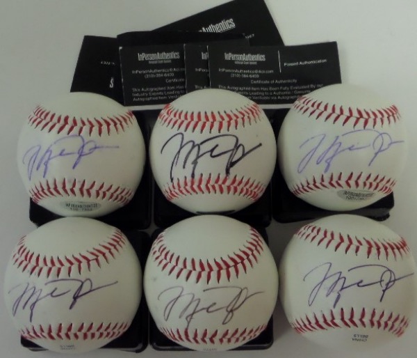 This smart dealers lot is SIX signed balls for one money, and all come black sharpie, sweet spot signed on Rawlings baseballs by the two-sport megastar.  Average grade is a 9, maybe one better and one worse, but very nice lot overall, and from the ESPN "Athlete of the Century". Add in the InPerson Authentics lifetime COA's and holograms, and you have a winner. 