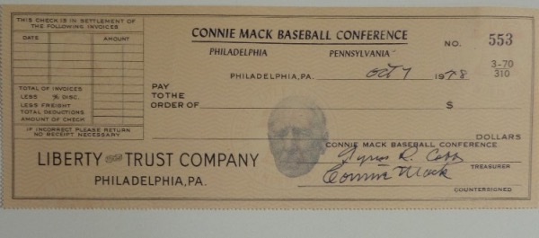 This Connie Mack Baseball Conference, Philadelphia Pennsylvania full check from the Liberty Trust Company is in EX/EX+ condition, and is signed in blue at the bottom by both Connie Mack and Ty Cobb.  Signatures grade 8's or better each, and retail is well into the thousands!