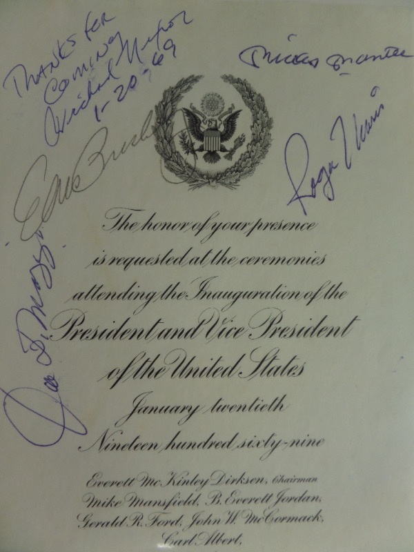 This 6.5x10 Inauguration invitation is from 1969, and comes hand-signed in blue ink not only by the 37th President Richard Nixon, but also by Elvis Presley and three iconic New York Yankees players!  Included are Mickey Mantle, Roger Maris and Joe DiMaggio all in blue, while Elvis is in pencil.  Signatures look stupendous on this ready-to-frame piece, and with ALL 5 deceased, retail is low thousands!
