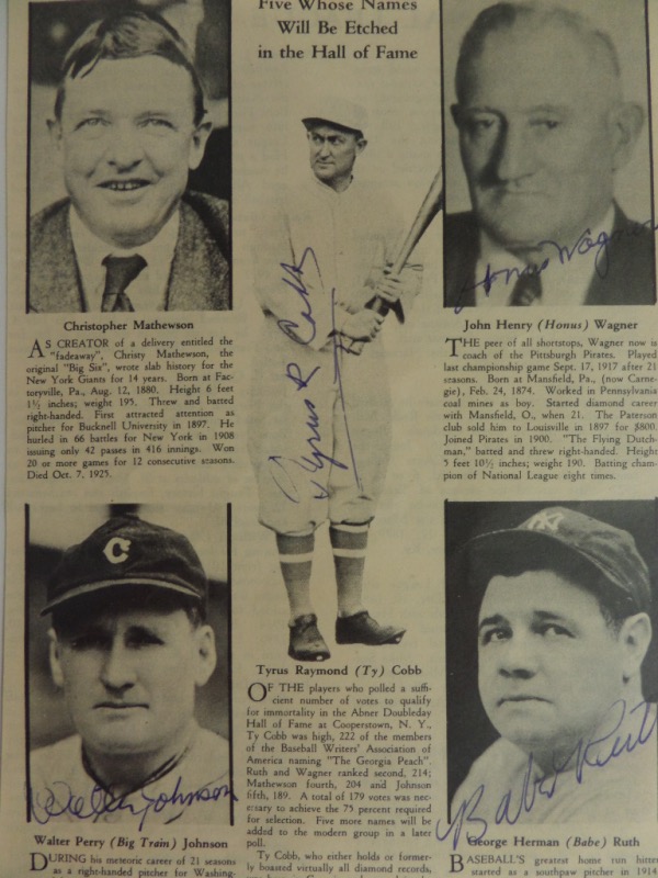 This roughly 5.5x8.5 black and white full page is from an original 1930's baseball magazine, with images of the five original 1936 HOF Inductees.  It is blue ink-signed by four of the five, with Wagner, Ruth, Cobb and Johnson represented--Mathewson was deceased by that time--and the signatures grade 7's-7.5's each.  Perfect for framing and display, and with all four ALL TIME names on here, retail is well, WELL into the thousands!