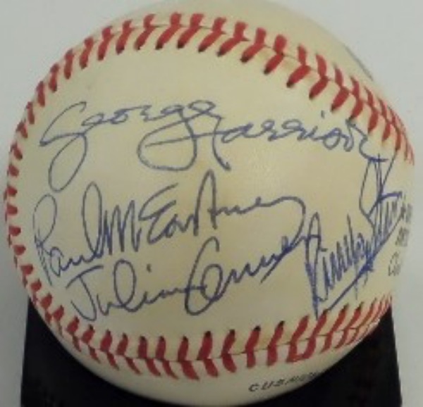 This MUST HAVE Beatles item is an Official National League Baseball (Feeney) from Rawlings, in EX overall condition, and blue ink-signed by ALL FOUR BEATLES!!!  Included are Julian Lennon, Ringo Starr, Paul McCartney, and George Harrison, and all four reside on the same panel, so you don't have to keep turning the thing!  AWESOME baseball, and retail is thousands upon thousands, if you can even find one!
