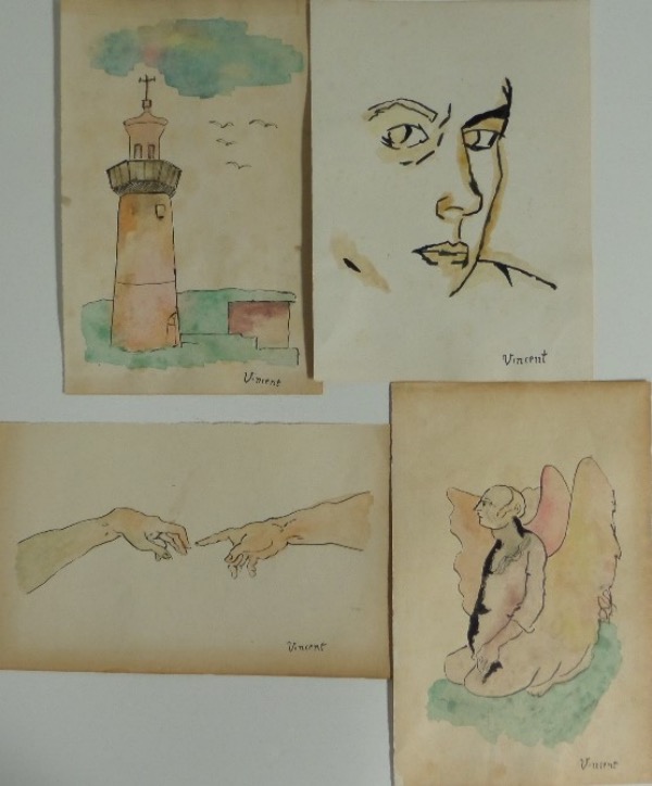 This great dealer lot holds 4 different approx. 6"x8" or so pieces on artist paper. EACH is done in watercolors in this legends own hand and comes signed by him at the bottom very nicely! They are quickly-done preparatory works evidently and all show great images on them, but all still very nice in classic Van Gogh style and HIGH BOOK VALUE.